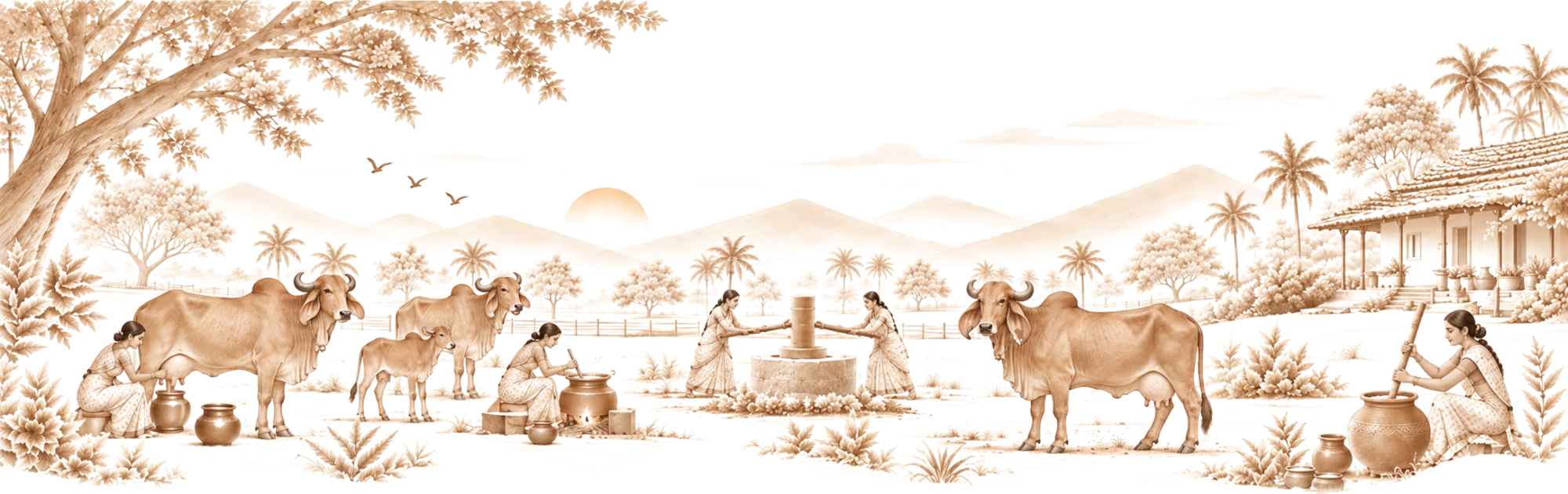 A sepia drawing of a gaushala at sunrise: a woman milking a cow, another cooking over a wood fire, two women turning a stone ghani, a woman churning curd in a clay pot, with cows, a calf, palms, hills and a tiled farmhouse