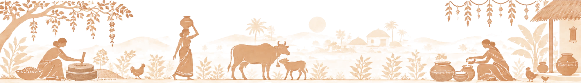 A warm drawing of village life: a woman grinding grain at a stone quern under a tree, a woman carrying a water pot on her head, a cow and her calf among hens, and a woman churning curd beside clay pots at a thatched hut, with hills and the sun behind