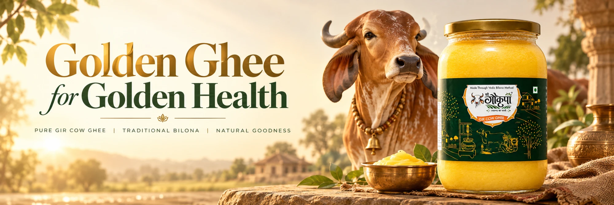 Golden Ghee for Golden Health — Shri Gokrupa pure Gir cow ghee, made by the traditional bilona method.
