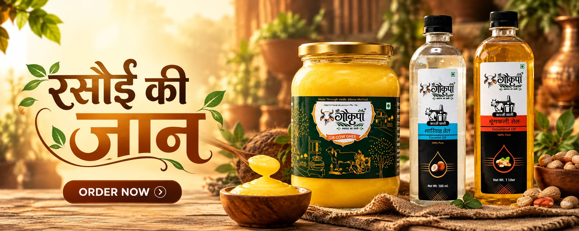 रसोई की जान — Shri Gokrupa Gir cow ghee, cold-pressed coconut oil and groundnut oil.